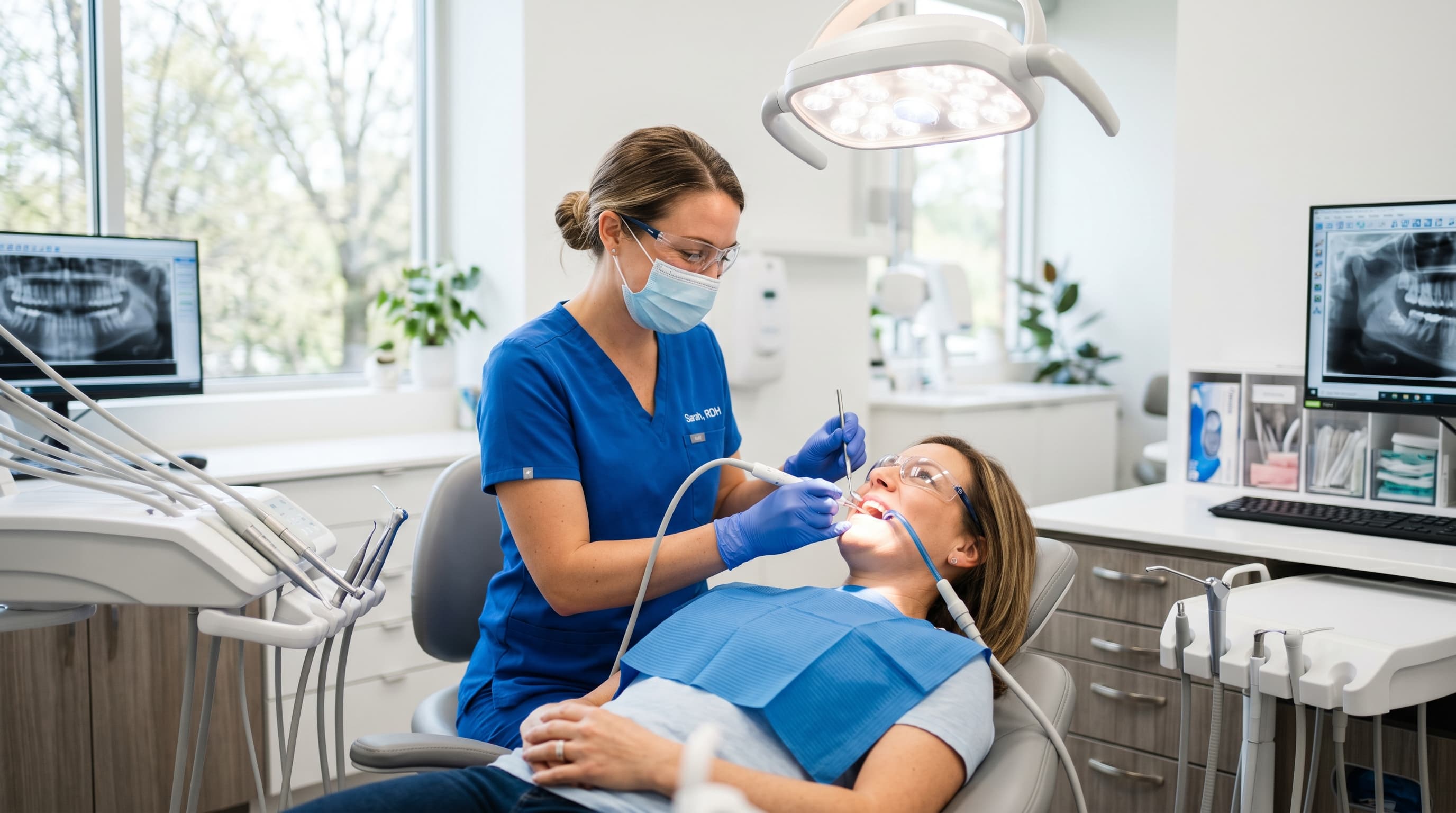 Hygienist working in a bright, modern operatory with digital X-rays on screen
