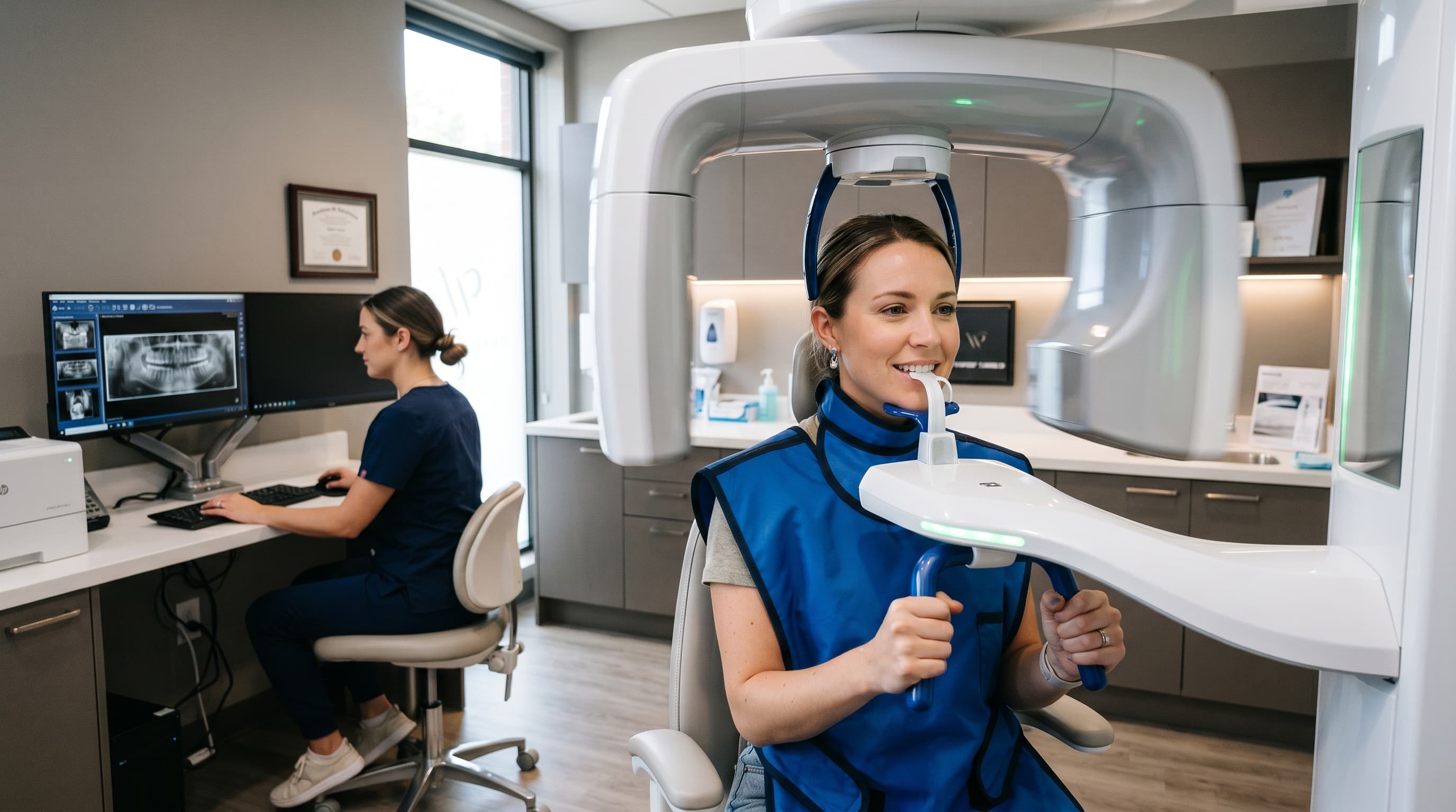Patient positioned in a CBCT panoramic X-ray machine while a technician reviews scans