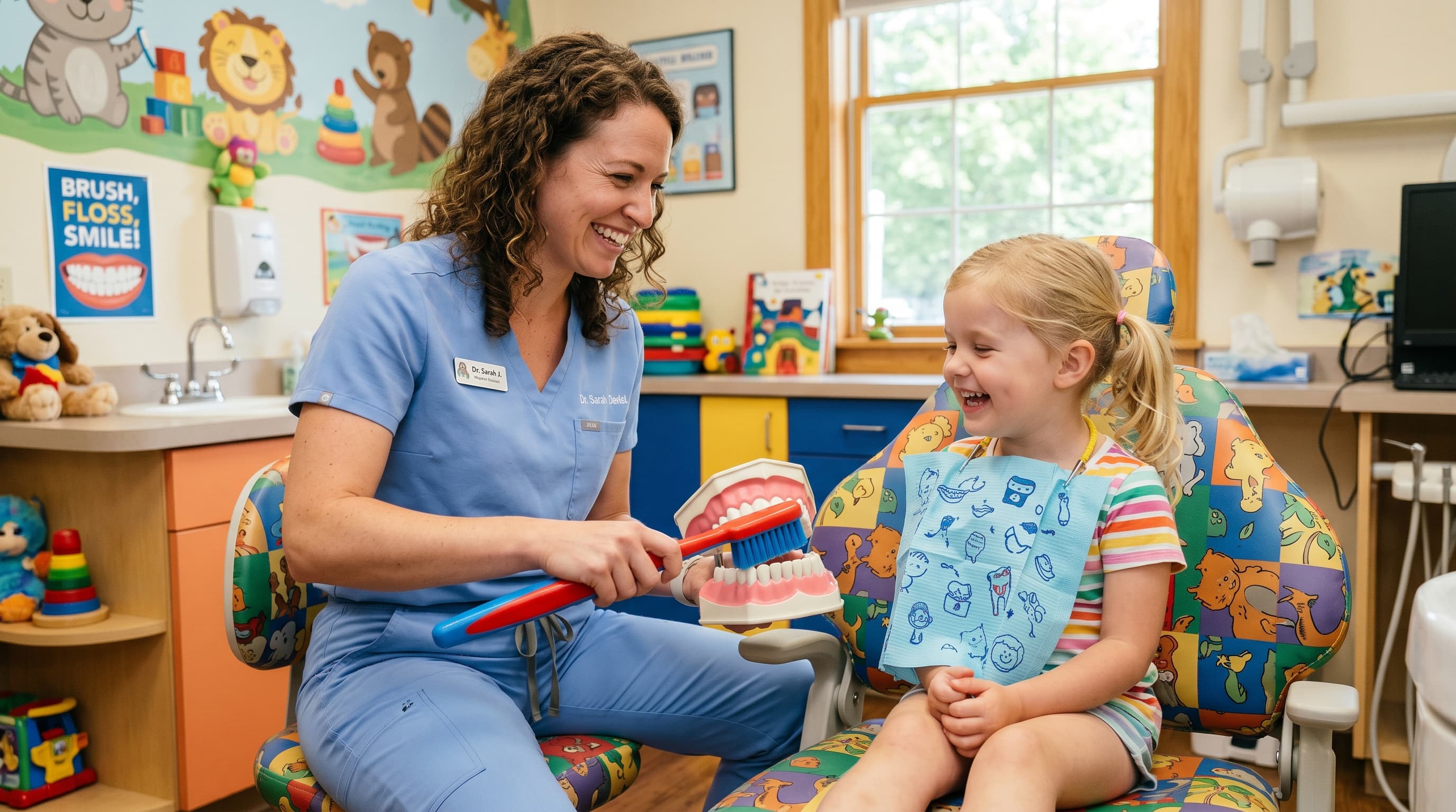 Pediatric dentist showing a young girl how to brush using a dental model in a colorful kids' room