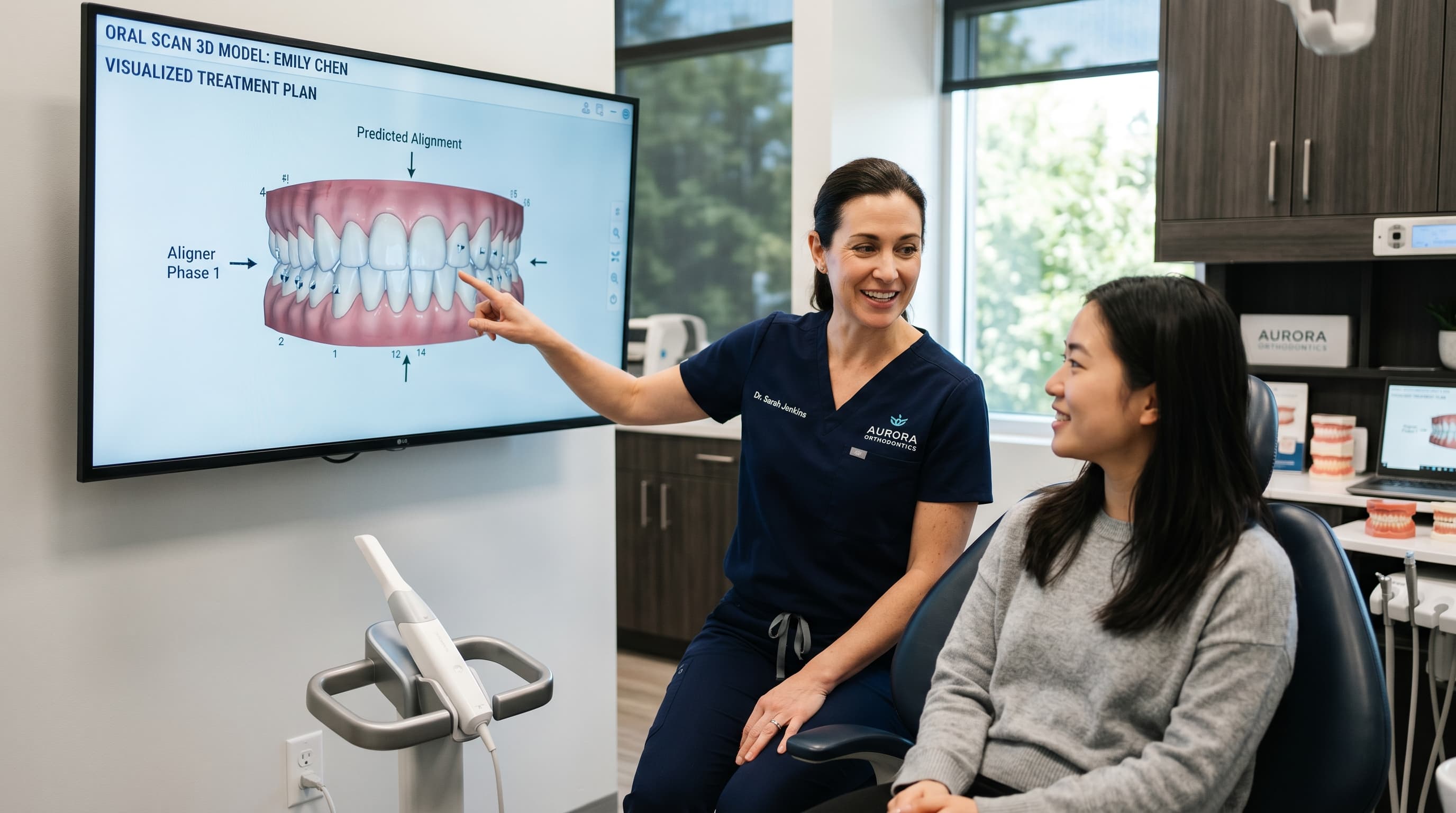 Dentist reviewing a 3D Invisalign aligner treatment plan on a large display with a patient