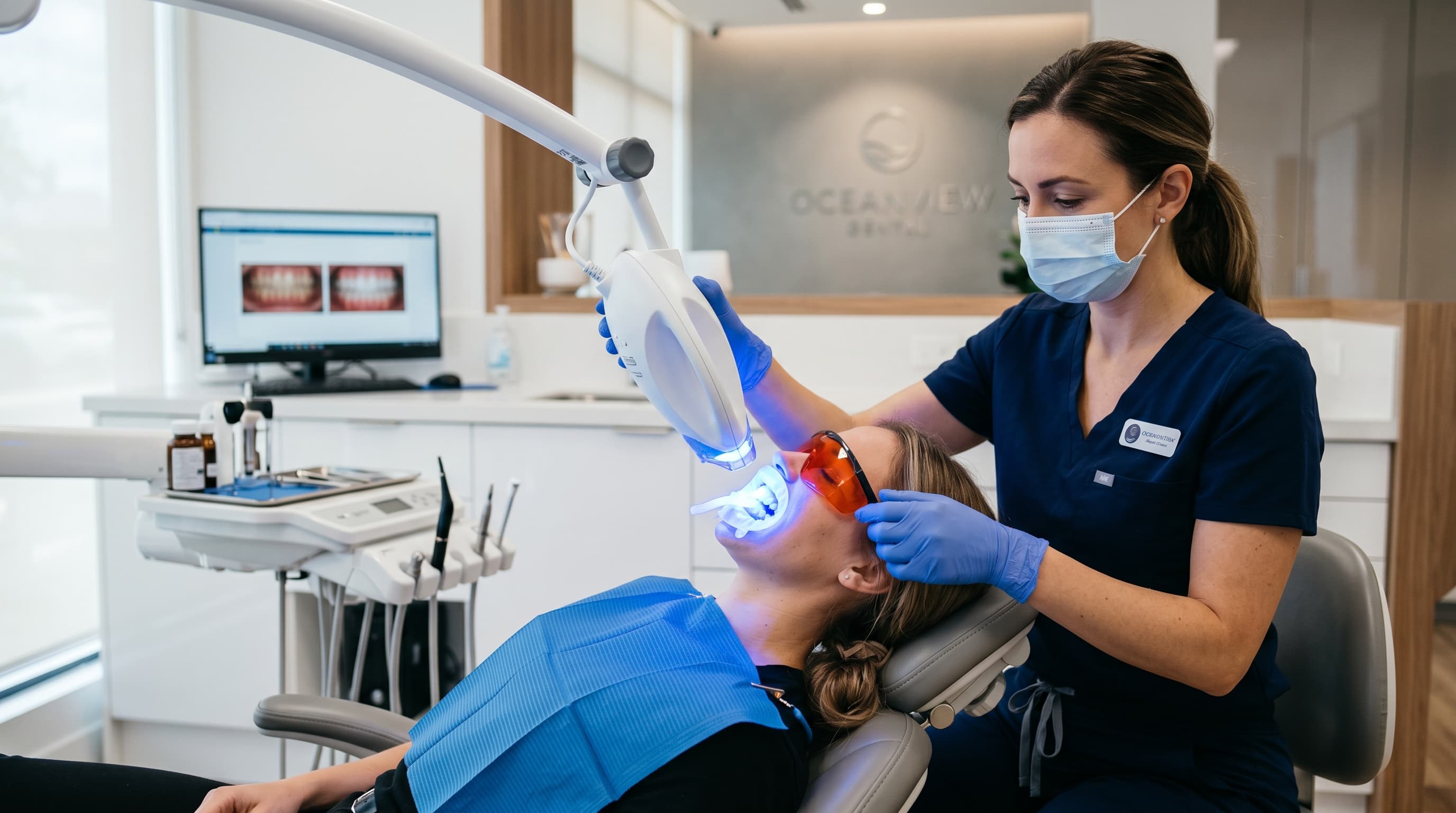 In-office teeth whitening treatment with UV light activation